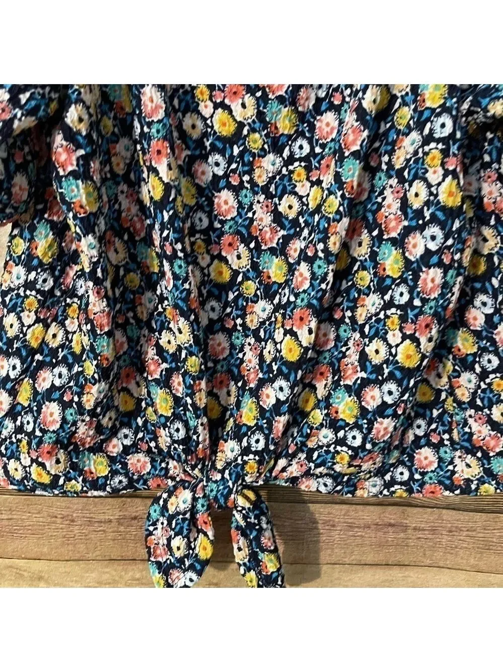 Loft Womens Floral Print Textures Square Neck Puff Sleeve Front Tie Top Size M